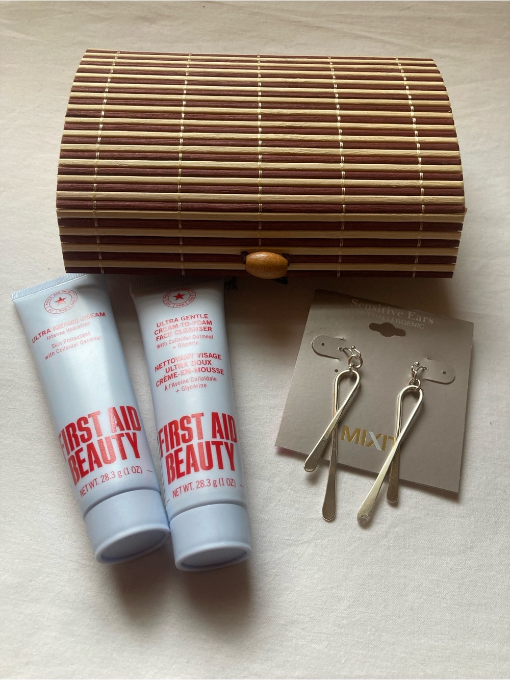 4 Pc Bundle - First Aid Beauty, Earrings, Bamboo Box